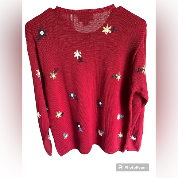 Talbots red embroidery floral button down short cardigan knit sweater - Picture 2 of 7